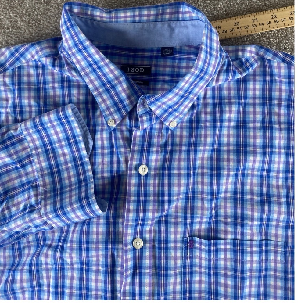 IZOD Essentials Mens 2XLT Blue Purple Plaid Long Sleeve Button Down Cotton Shirt